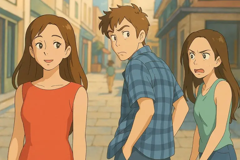 Three characters in a European-style alley: a cheerful girl in orange-red sleeveless top, a surprised boy in blue checkered shirt, and an upset girl in green vest