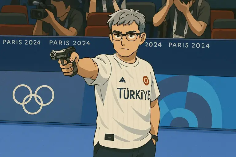 A gray-haired man in glasses wearing a white sports jacket with 'TÜRKİYE' text, standing at the Paris 2024 Olympics venue with Olympic rings in the background