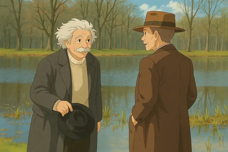 Two men in conversation by a lake: a white-haired elderly man in dark coat and light turtleneck holding a black hat, and a man in brown suit with wide-brimmed hat, against a backdrop of leafless trees and reflective water